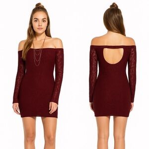 NEW Chaser Vino Maroon Off Shoulder Open Back Long Sleeve Lace Mini Dress Size S
